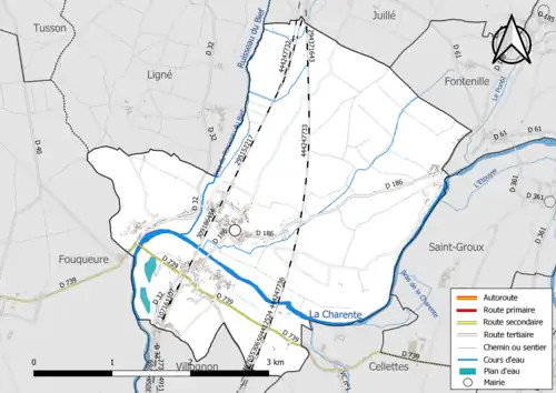 Carte en couleur présentant le réseau hydrographique de la commune
