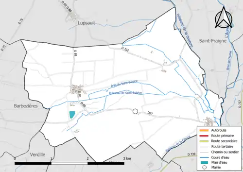 Carte en couleur présentant le réseau hydrographique de la commune