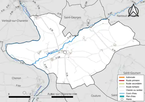 Carte en couleur présentant le réseau hydrographique de la commune
