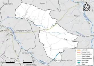 Carte en couleur présentant le réseau hydrographique de la commune