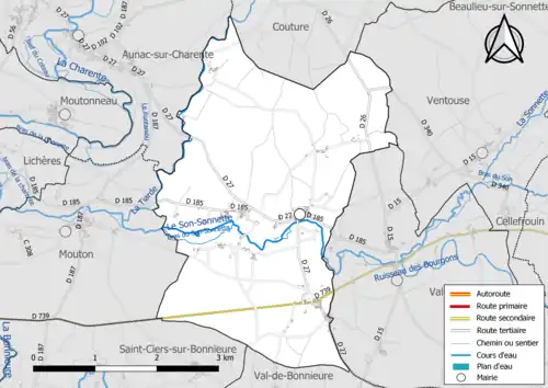 Carte en couleur présentant le réseau hydrographique de la commune