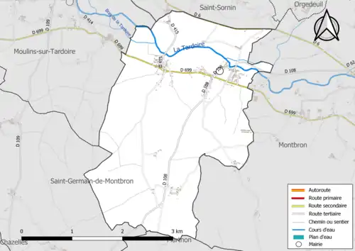 Carte en couleur présentant le réseau hydrographique de la commune
