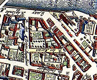 La rue, alors appelée « rue des Marais » (en jaune), sur le plan de Janssonius de 1657.