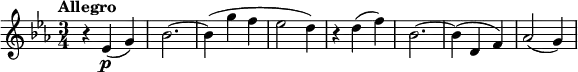 
\version "2.14.2"
 \relative c' {
         \clef "treble" 
         \tempo "Allegro"
         \key ees \major
         \time 3/4 
         \tempo 4 = 140
      r4 ees4\p (g)
      bes2. ~
      bes4 (g' f
      ees2 d4)
      r4 d4 (f)
      bes,2. ~
      bes4 (d, f)
      aes2 (g4)
}
