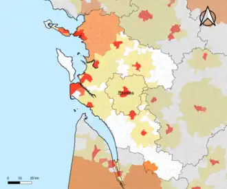 Localisation de l'aire d'attraction de Saintes dans le département de la Charente-Maritime.