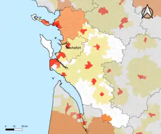 Localisation de l'aire d'attraction de Rochefort dans le département de la Charente-Maritime.