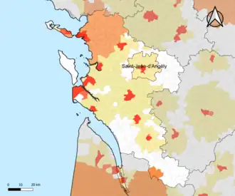 Localisation de l'aire d'attraction de Saint-Jean-d'Angély dans le département de la Charente-Maritime.