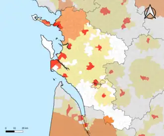 Localisation de l'aire d'attraction de Pons dans le département de la Charente-Maritime.