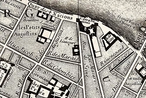 La rue, alors appelée « rue des Marais », entre la rue des Augustins et la rue de Seine, sur le plan de Roussel de 1730.