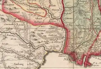 « Département des Alpes Maritimes. Division présentée. N°6. Carte déposée aux Archives Nationales conformément à la note mise en tête du tableau annexé au projet de loi concernant la division du territoire de la République et l'administration ». Signature du secrétaire général du Conseil d'État Jean Guillaume Locré.