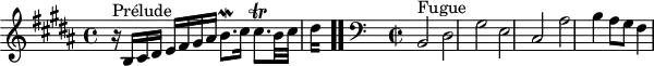 
\version "2.18.2"
\header {
  tagline = ##f
}

\score {
  \new Staff \with {

  }
<<
  \relative c' {
    \key b \major
    \time 4/4
    \set Staff.midiInstrument = #"harpsichord" 

     %% INCIPIT CBT II-23, BWV 892, si majeur
     r16^\markup{Prélude} b16 cis dis e fis gis ais b8.\mordent cis16 cis8.\trill b32 cis 
{
 % suppression des warnings :
 #(ly:set-option 'warning-as-error #f)
 #(ly:expect-warning (_ "stem does not fit in beam")) %% <= à traduire éventuellement
 #(ly:expect-warning (_ "beam was started here")) %% <= à traduire éventuellement
  \set stemRightBeamCount = #2
  dis4*1/4[ s]
} \bar ".."

     \skip 8*1
     \override Staff.Clef.extra-offset = #'( -1 . 0 )
     \clef bass 
     \time 2/2 \relative c {
     s8*0^\markup{Fugue} b2 dis gis e cis ais' b4 ais8 gis fis4
      }

  }
>>
  \layout {
     \context { \Score \remove "Metronome_mark_engraver" 
     \override SpacingSpanner.common-shortest-duration = #(ly:make-moment 1/3)
        }
  }
  \midi {}
}
