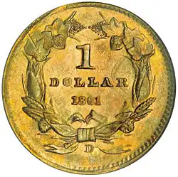 Pièce de monnaie en or comportant les inscriptions 1 Dollar et 1861 en son centre, entourées d'un couronne de feuilles. La lettre D se trouve en bas, au centre.