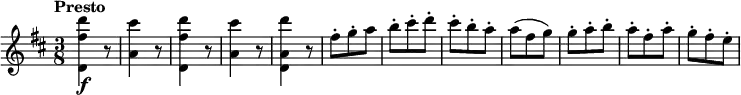 
 \relative c'' {
    \version "2.18.2"
    \key d \major 
    \tempo "Presto"
    \time 3/8
    <d, fis' d'>4\f r8
    <a' cis'>4 r8
    <d, fis' d'>4 r8
    <a' cis'>4 r8
    <d, a' d'>4 r8
    fis'-. g-.-. a
    b-. cis-. d-.
    cis-. b-. a-.
    a (fis g)
    g-. a-. b-.
    a-. fis-. a-.
    g-. fis-. e-.
}
