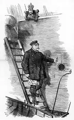 Caricature parue dans le journal anglais le Punch Dropping the Pilot, soit le capitaine descend, où l'on voit Bismarck littéralement descendre d'un bateau de Sir John Tenniel à propos du départ de Bismarck, en 1890.