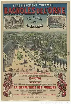 Affiche de 1890, avec une vue paysagère du site thermal.