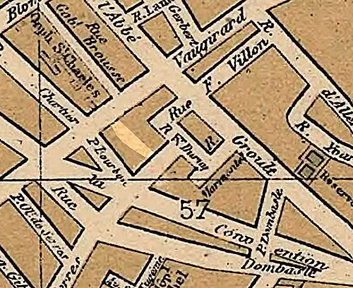 Emplacement de la future rue Fourcade (pastille claire) sur le plan Hachette de 1899.