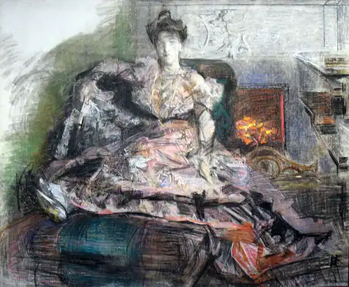 Après le concert. Portrait inachevé de Nadejda Zabela-Vroubel, l'épouse de l'artiste, dans une robe conçue par Vroubel, 1905, Pastel et fusain sur toile 168,5&nbsp;×&nbsp;191,5&nbsp;cm Galerie Tretiakov