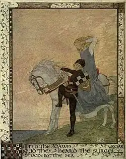 Dessin en couleur d'un homme enfourchant un cheval blanc portant une femme blonde.