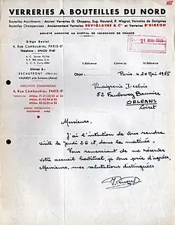 papier à entête des Verreries a Bouteilles du Nord en 1955