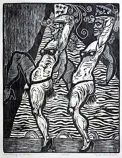 US Stomp Queens, 1968 Woodcut, Beauty Queen series, Byron Randall