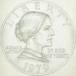 Dessin d'une pièce de monnaie représentant le profil droit d'une femme et les inscriptions Susan B. Anthony, Liberty, In God We Trust et 1979.