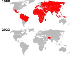 En 1988, avant que l'Organisation mondiale de la santé ne décide d'éradiquer la poliomyélite, elle était endémique dans 175 pays et territoires différents. En 2023, elle n'était endémique que dans deux pays : l'Afghanistan et le Pakistan.