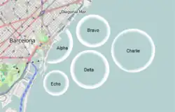 Cate où les sites de compétition sont matérialisés par des cercles.