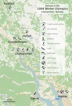 Carte des sites de compétitions indiqués par des pictogrammes sportifs.