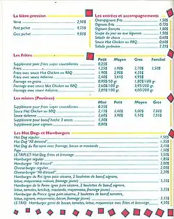 Photo du menu imprimé du Royaume de la Patate en 1995.