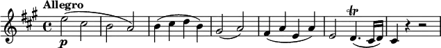 
\relative c'' {
  \version "2.18.2"
  \key a \major
  \time 4/4
  \tempo "Allegro"
  \tempo 4 = 130
  e2\p (cis b a)
  b4 (cis d b)
  gis2 (a)
  fis4 (a e a)
  e2 d4.\trill (cis16 d)
  cis4 r r2 
}
