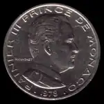 Pièce monégasque (1978) de 1 franc monégasque (côté face) à l’effigie de Rainier III.