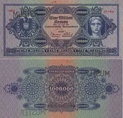 Billet de banque d'un million de couronnes autrichiennes pendant l'hyperinflation, type 1924