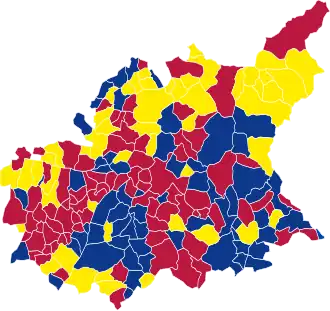 Nuance politique des candidats arrivés en tête dans chaque commune au 1er tour.