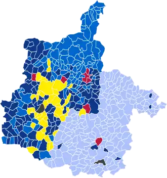 Nuance politique des candidats arrivés en tête dans chaque commune au 1er tour.