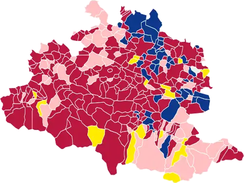 Nuance politique des candidats arrivés en tête dans chaque commune au 1er tour.