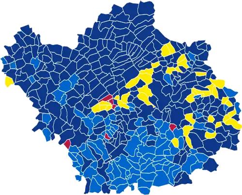 Nuance politique des candidats arrivés en tête dans chaque commune au 1er tour.