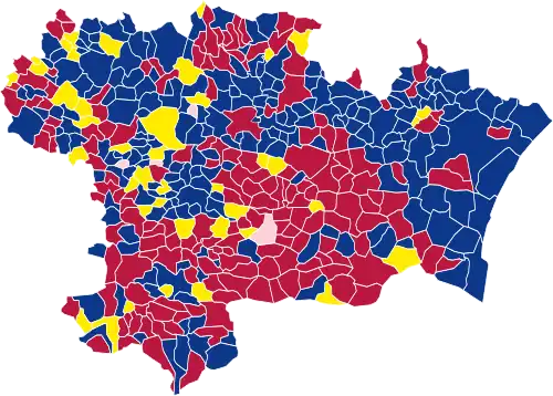 Nuance politique des candidats arrivés en tête dans chaque commune au 1er tour.