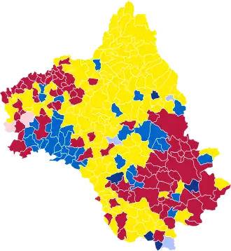 Nuance politique des candidats arrivés en tête dans chaque commune au 1er tour.
