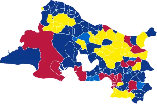 Nuance politique des candidats arrivés en tête dans chaque commune au 1er tour.