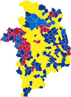 Nuance politique des candidats arrivés en tête dans chaque commune au 1er tour.