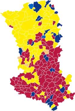 Nuance politique des candidats arrivés en tête dans chaque commune au 1er tour.