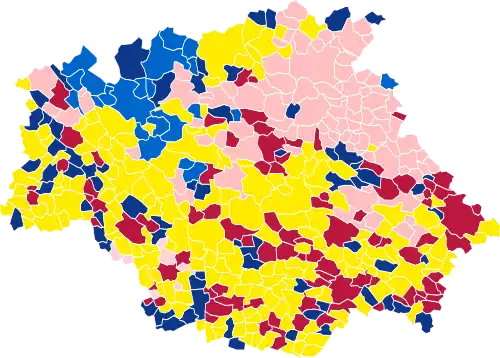 Nuance politique des candidats arrivés en tête dans chaque commune au 1er tour.