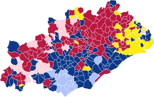 Nuance politique des candidats arrivés en tête dans chaque commune au 1er tour.
