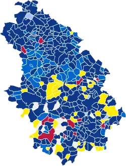Nuance politique des candidats arrivés en tête dans chaque commune au 1er tour.