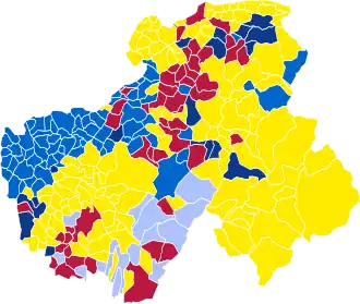 Nuance politique des candidats arrivés en tête dans chaque commune au 1er tour.