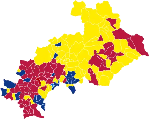 Nuance politique des candidats arrivés en tête dans chaque commune au 1er tour.