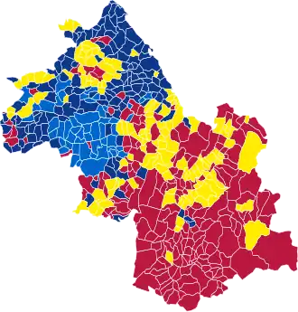 Nuance politique des candidats arrivés en tête dans chaque commune au 1er tour.