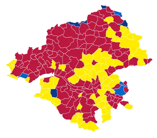 Nuance politique des candidats arrivés en tête dans chaque commune au 1er tour.