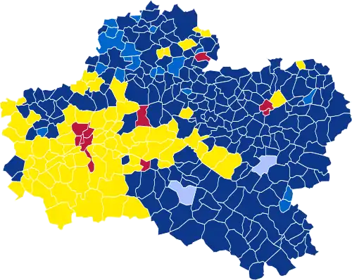 Nuance politique des candidats arrivés en tête dans chaque commune au 1er tour.