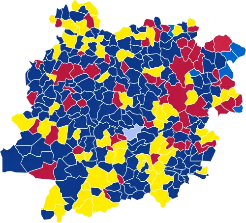 Nuance politique des candidats arrivés en tête dans chaque commune au 1er tour.